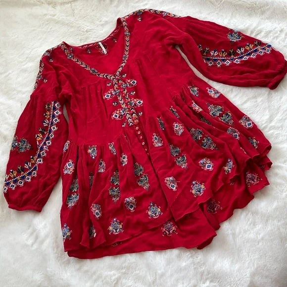Free People Red Arianna Embroidered Tunic/ Dress size XS - Picture 3 of 10